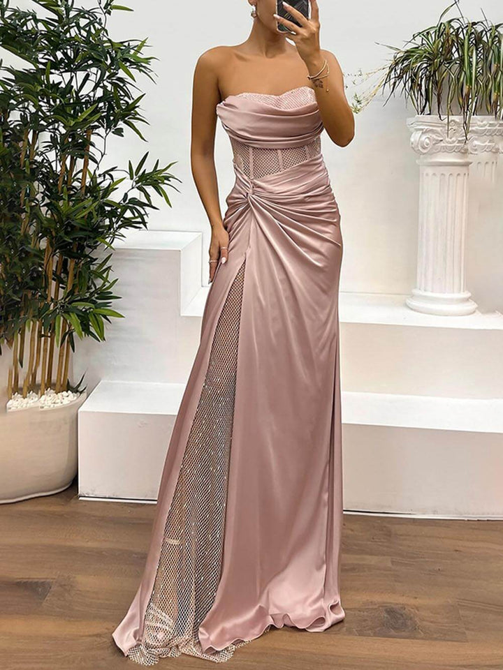 Delicate Satin Paneled Mesh Sequin Fabric Off Shoulder Ruched Drape Maxi Dress