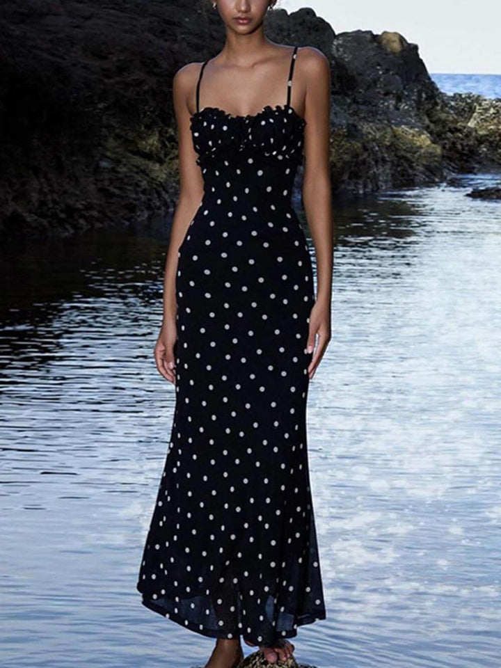 Elegante maxi abito con bretelle a pois senza schienale francese sottile INS