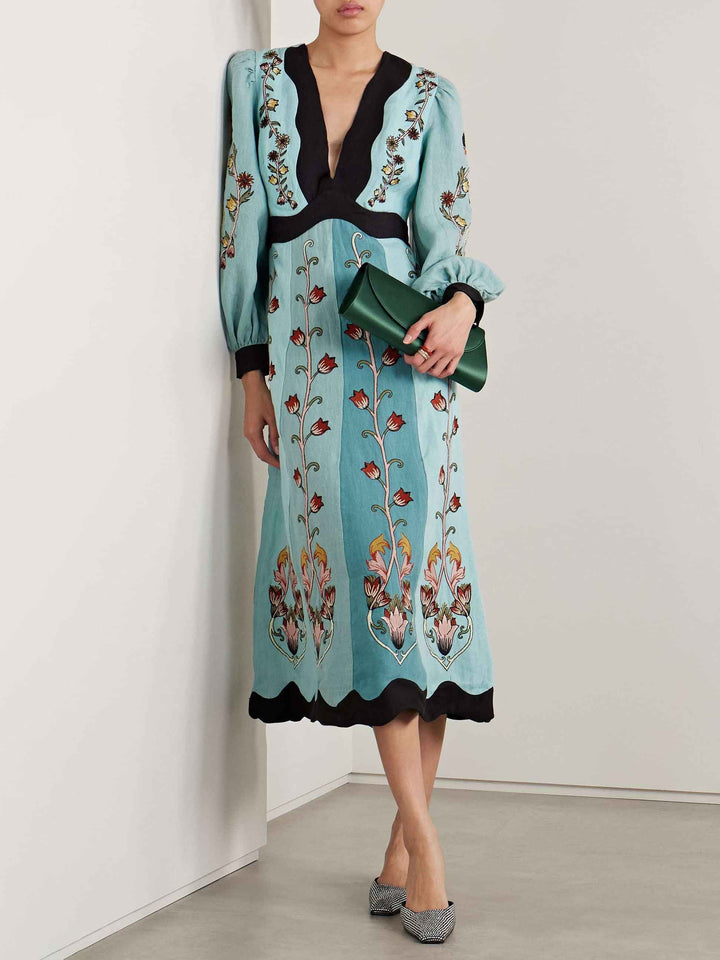 Unique Floral Print Contrast Long Sleeve Midi Dress