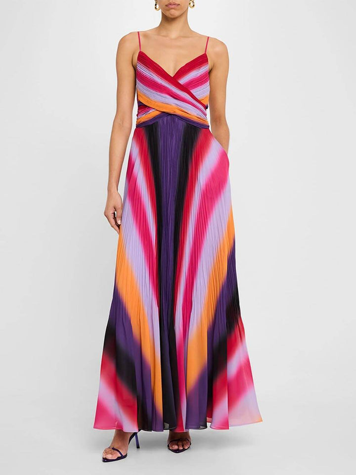 Elegante geplooide ombre gestreepte maxi-jurk