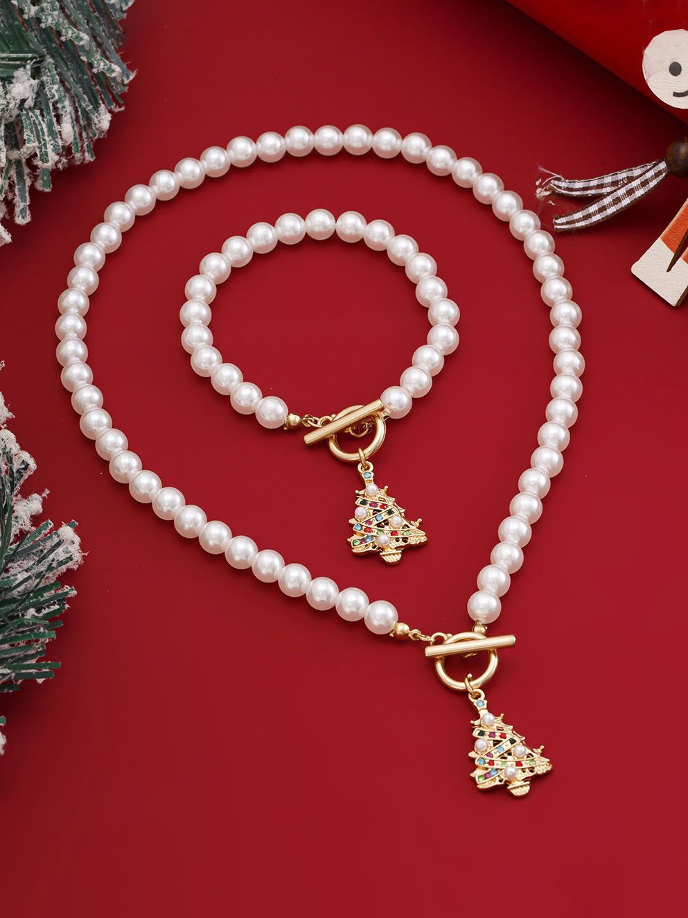 Conjunto de colar de presente de Natal com pérolas de árvore de Natal