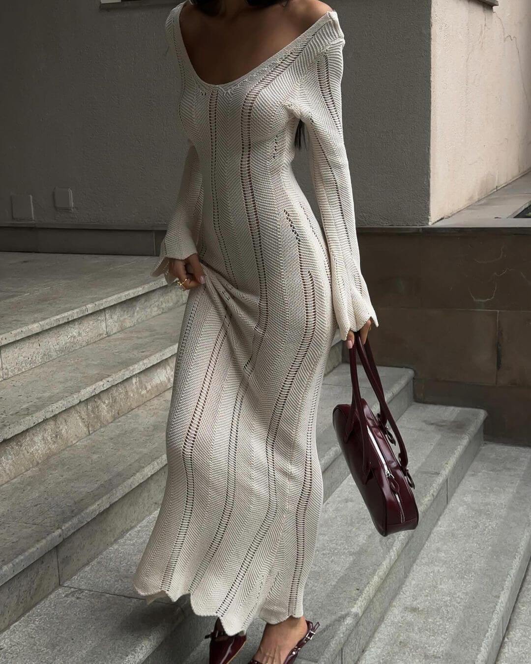 Hollow Solid Color Knitted Holiday Long Dress