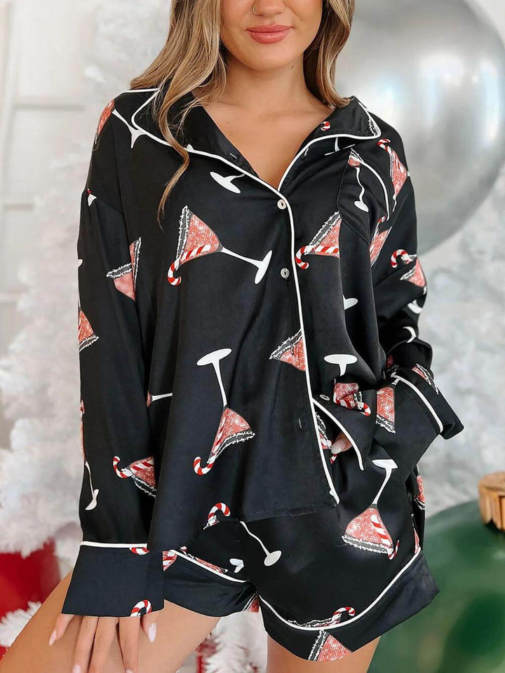 Pyjama-Set mit weihnachtlichem Satin-Print für Zuhause