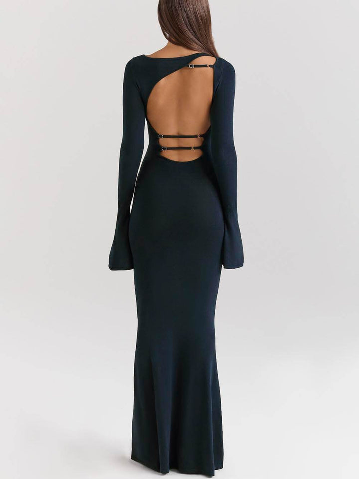 Elegant Midnight Blue Backless Fitted Maxi Dress