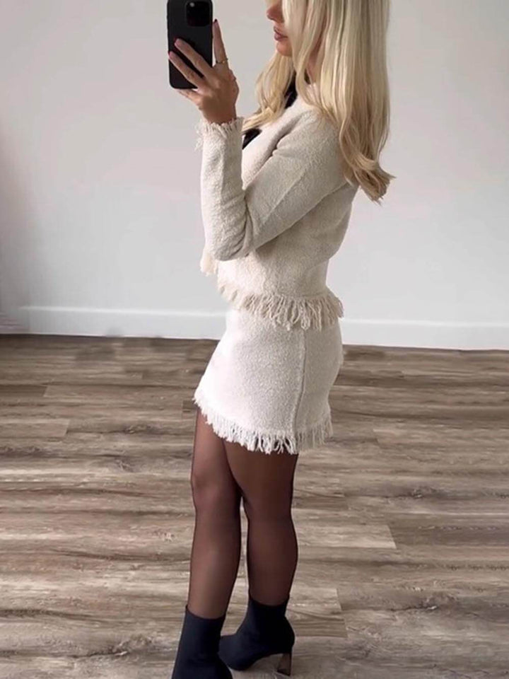 Fashionable Bow-Decorated Long-Sleeved Knitted Jacket And Skirt Set