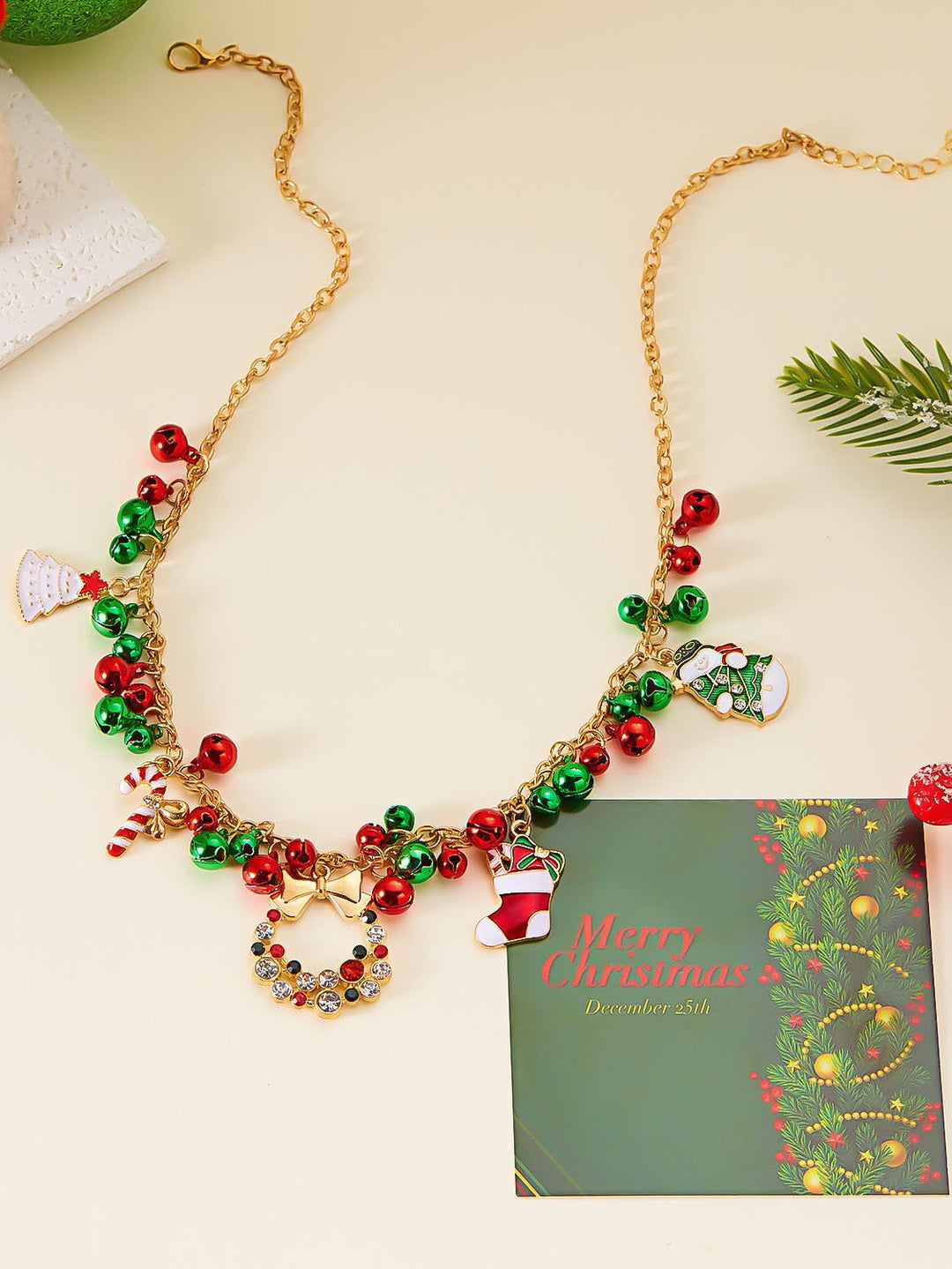 Collana versatile con campana con pupazzo di neve e ghirlanda di fiocchi di Natale