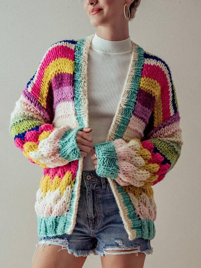 Colorful Striped Chunky Knit Cardigan Jacket