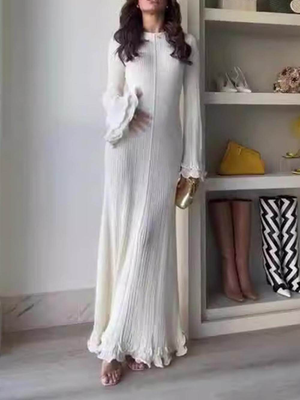 Elegant Trumpet Sleeves Rolled Hem Knitted Round Neck Maxi Dress