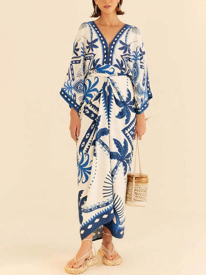 Unique Chic Palm Tree Ethnic Print Fake Two Piece Lace Up Maxi Dress