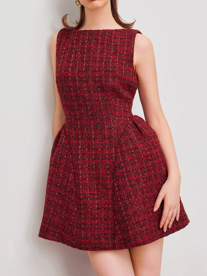 Elegant Tweed Boat Neck Zipper Ruffle Mini Dress