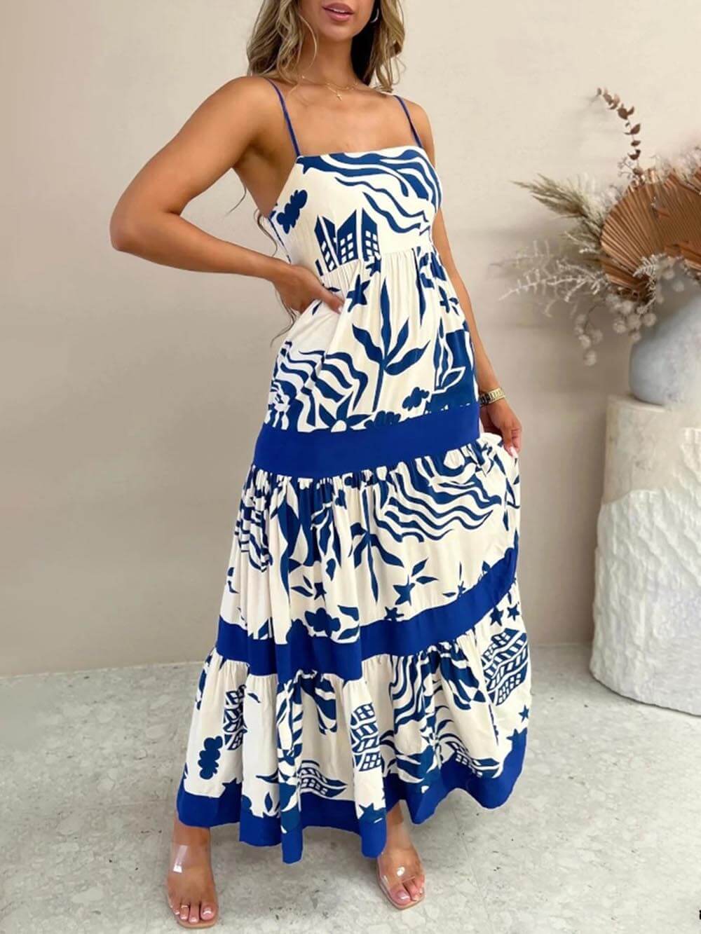 Elegant Ruffled With Floral Print Maxi Dress