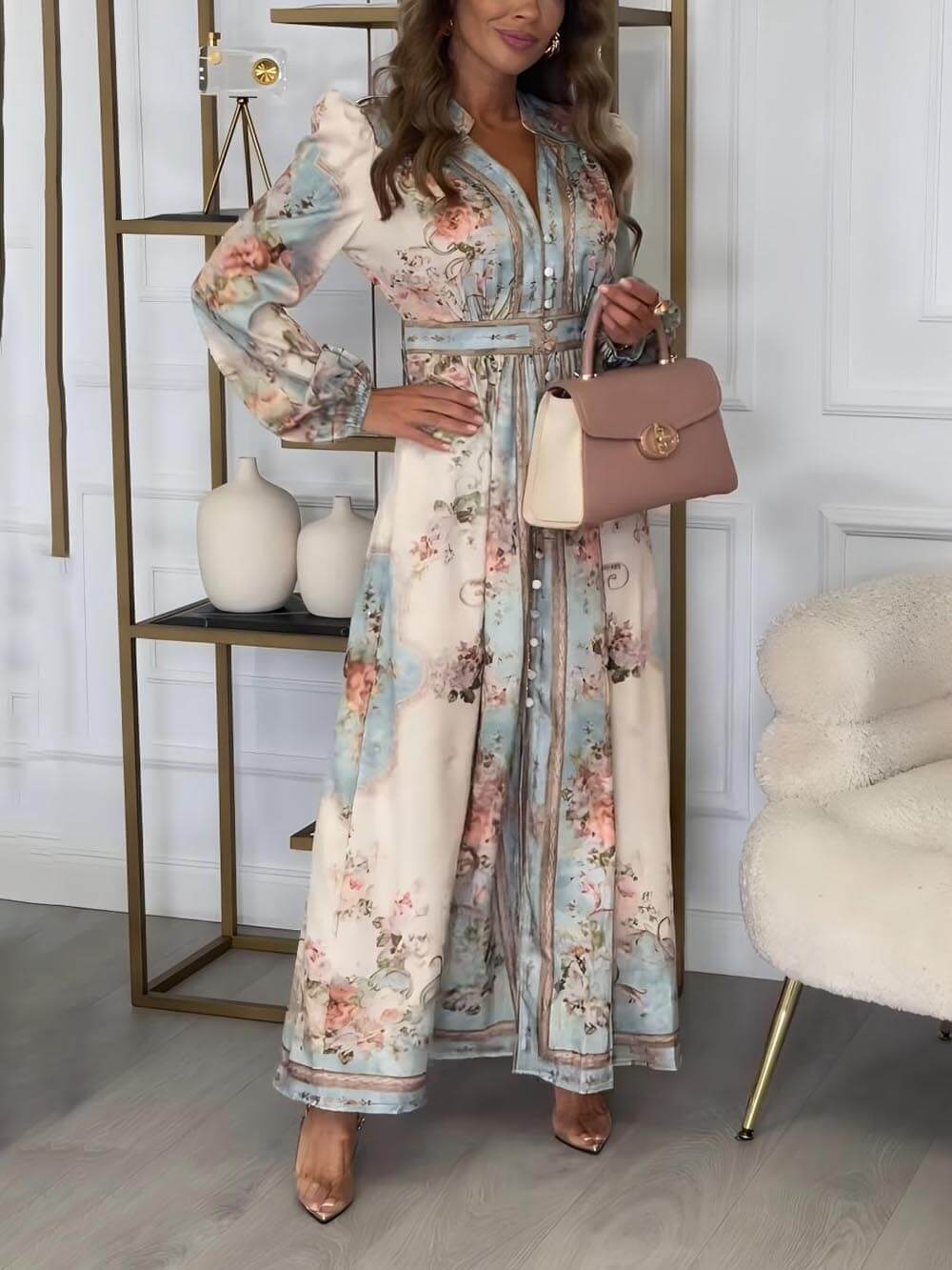 Elegant Floral Print Lantern Sleeve Buttoned A-Line Maxi Dress