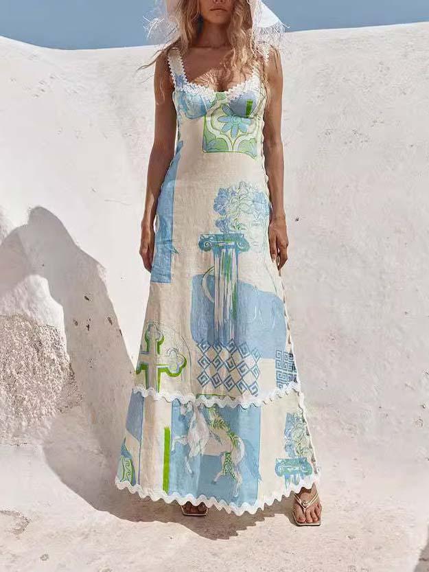 Vestido maxi com estampa pintada exclusiva e laço aberto nas costas