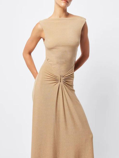 Casual Round Neck Pleated Midi Dress