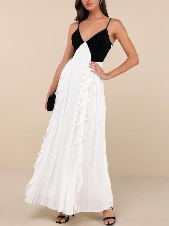 Vestido maxi plissado preto e branco elegante com decote em V