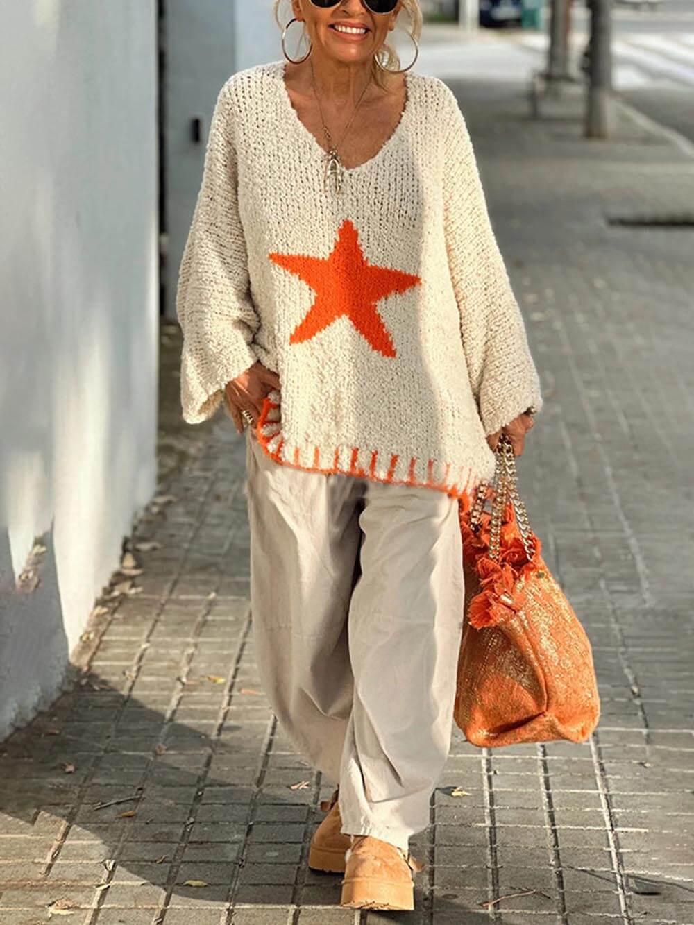 Winter Day Warm Texture Star Pattern Contrast Color Loose Sweater