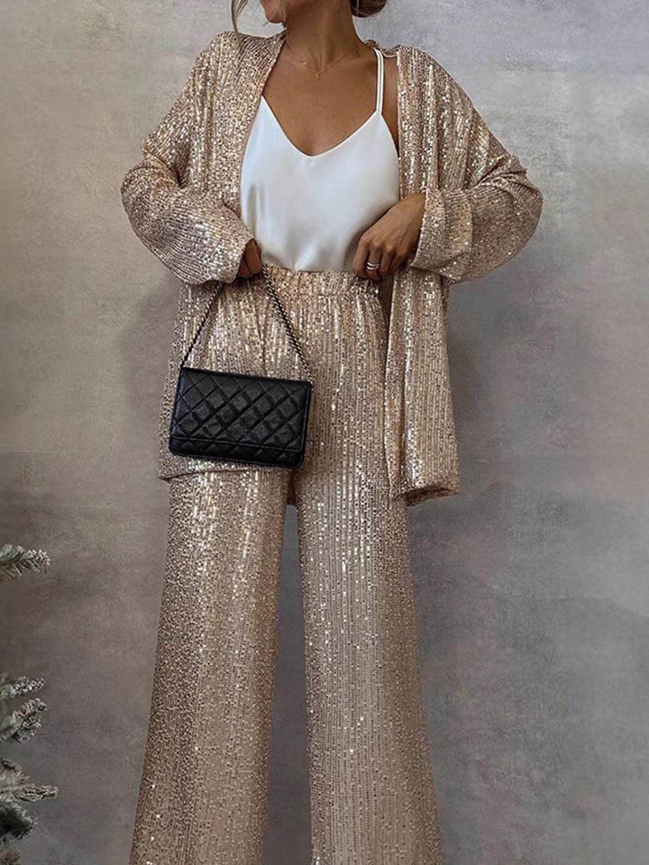 Unique Sequined Party Scene Front Open Long Sleeve Draped Coat