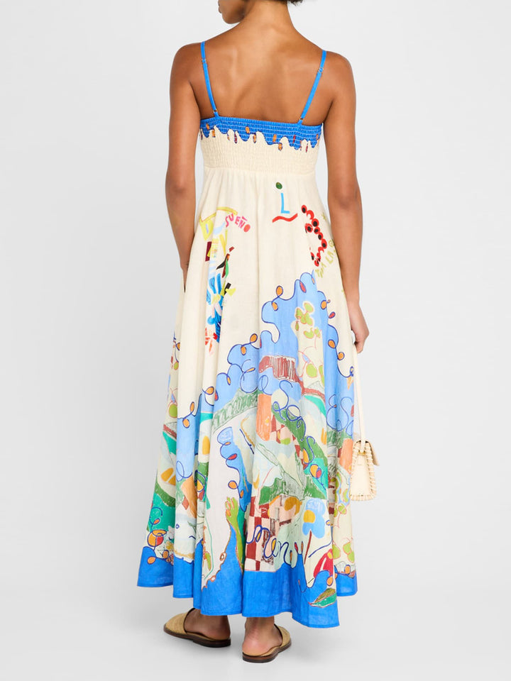 Unique Art Island Floral Print A-Line Midi Dress