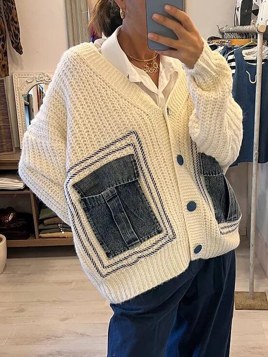 Unique Denim Patchwork Cardigan Sweater Jacket