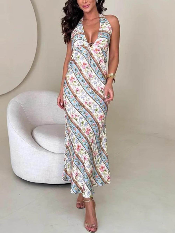 Summer Sexy Printed Halter Neck Backless V-Neck Midi Dress