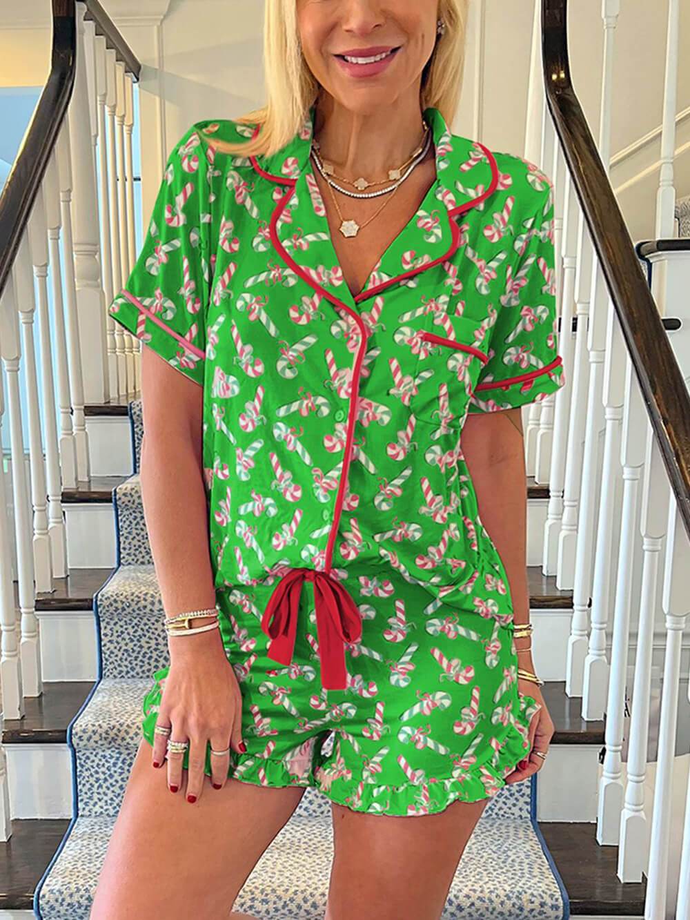 Christmas Candy Cane Print Pocket Ruffle Pajama Set