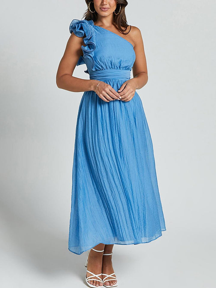 Unique Romantic Seaside One Shoulder Frill Detail Sleeve Layered Midi Dress