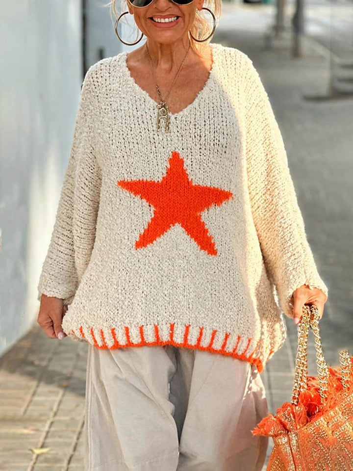 Winter Day Warm Texture Star Pattern Contrast Color Loose Sweater