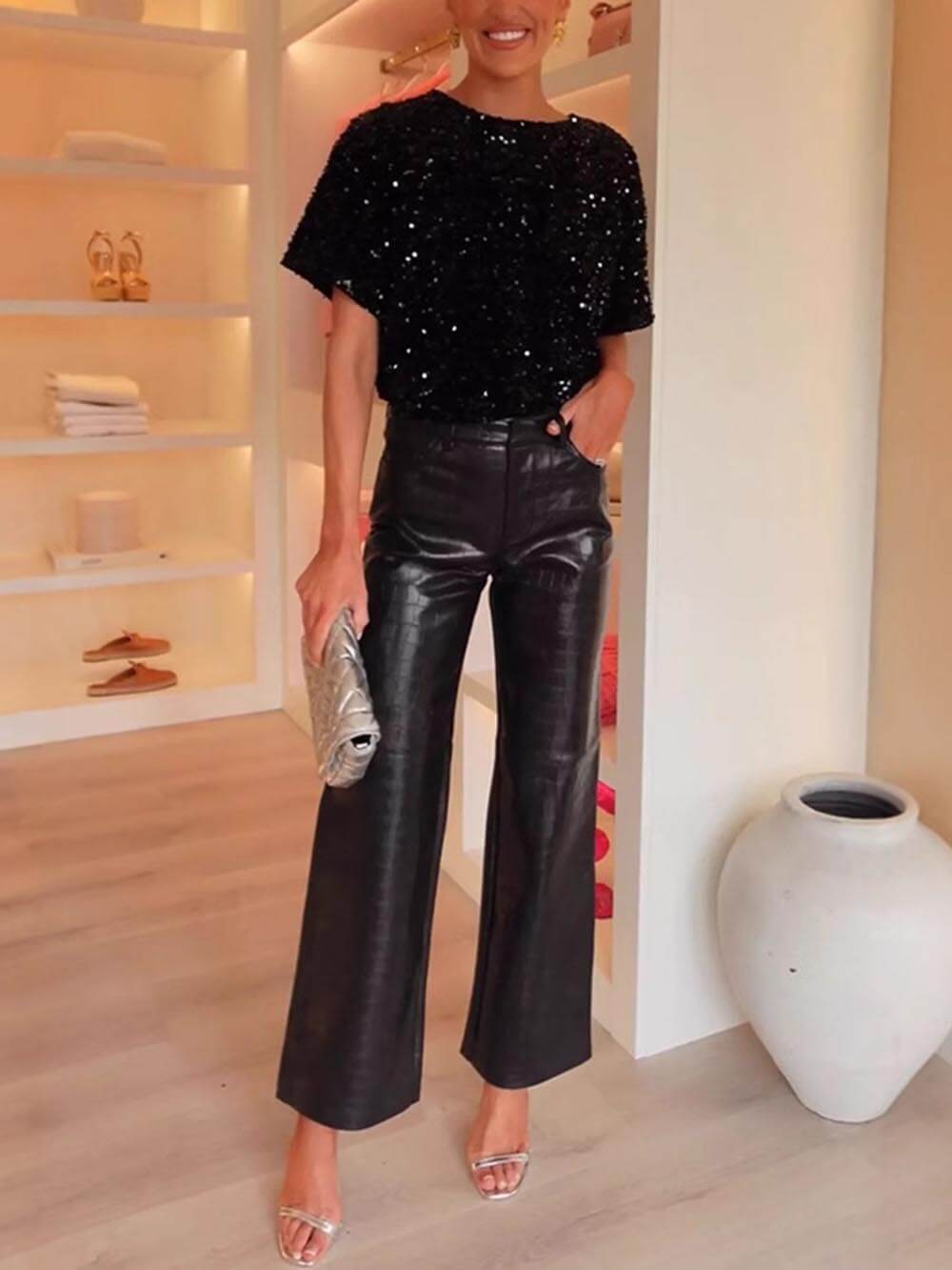 Unique Velvet Sequined Round Neck Short-Sleeved T-Shirt