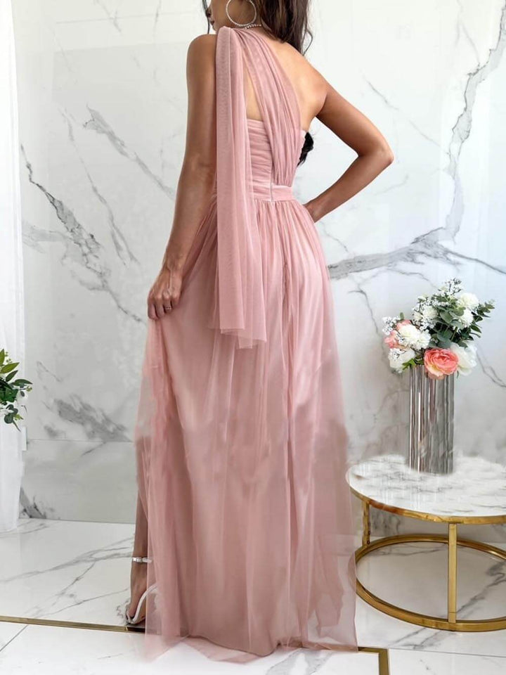 Elegant Feeling Tulle Knotted One Shoulder Pleated Slit Maxi Dress