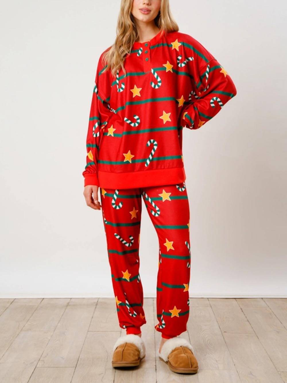 Christmas Cane Snefnug Print knap Langærmet Home Wear Set