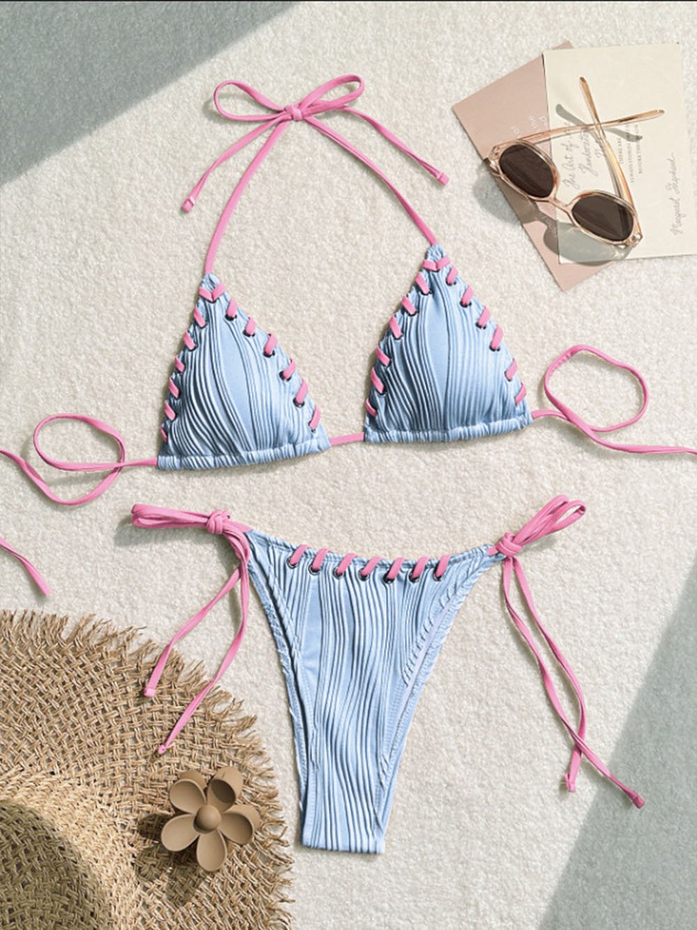 Lace-up Contrast Bikini Set