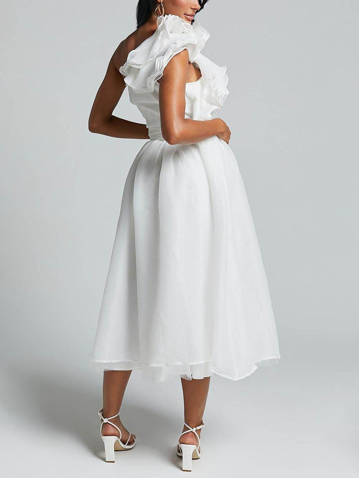 Unique Romantic Seaside One Shoulder Frill Detail Sleeve Layered Midi Dress