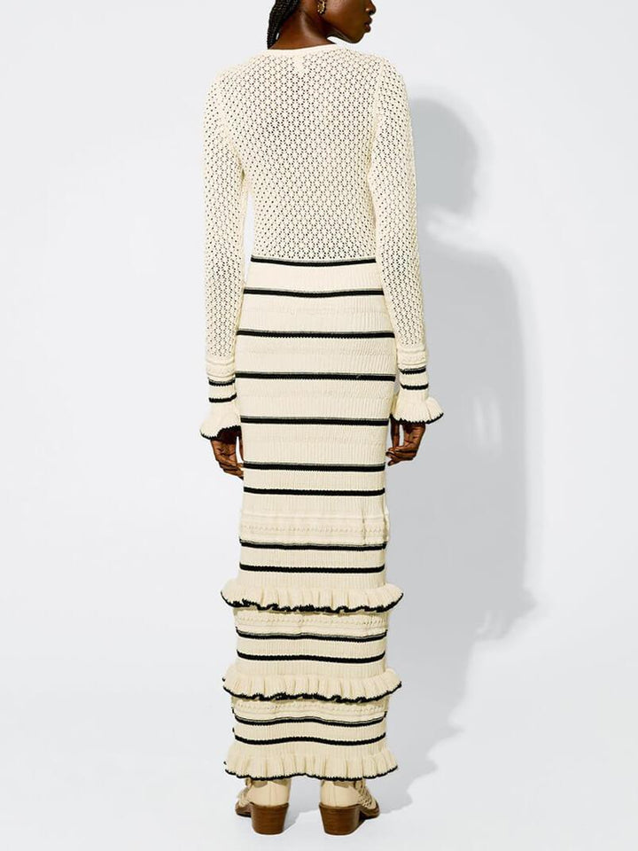 Knit Stripe Ruffle Long Sleeve Maxi Dress