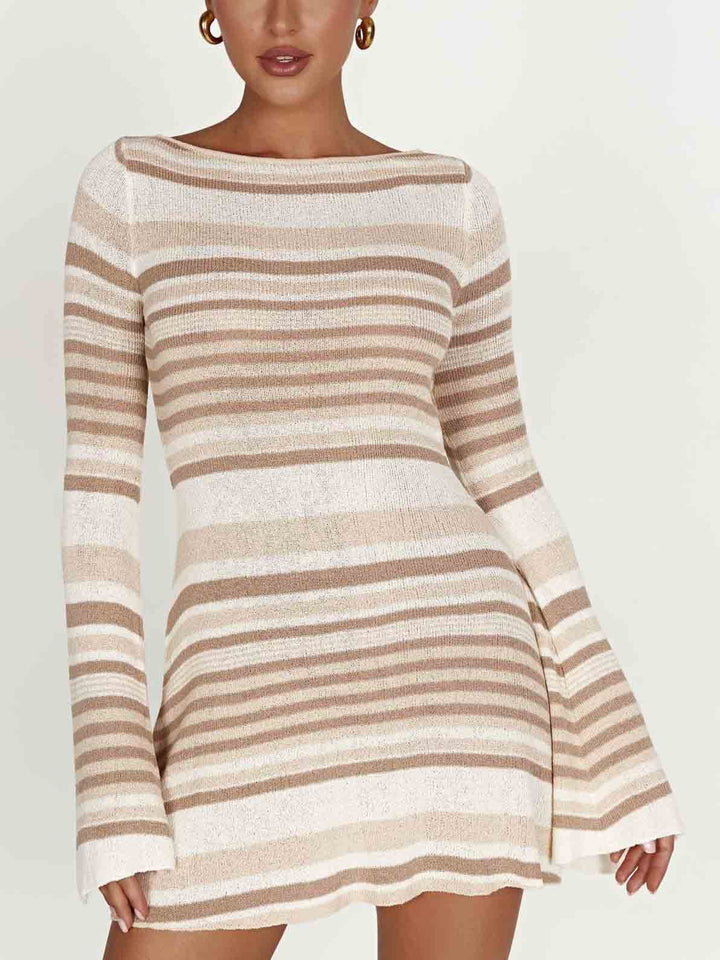 Elegant Open Back Striped Knitted Mini Dress