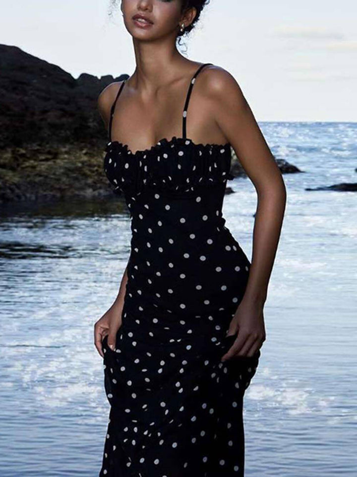 Elegant INS French Slim Backless Polka Dot Suspender Maxi Dress