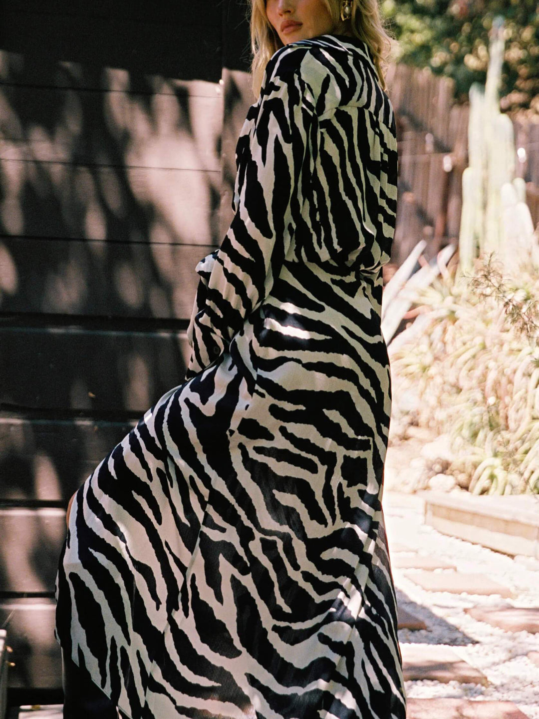 Casual Zebra Print Long Sleeve Wrap Midi Dress