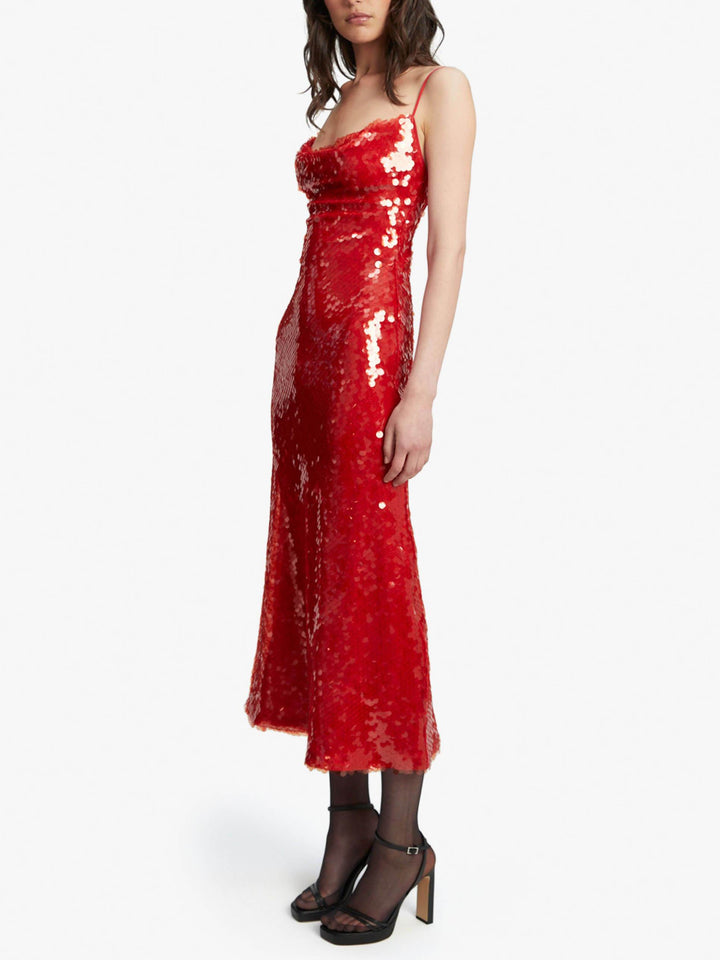 Elegant Sequined Fiery Red Midi Dress