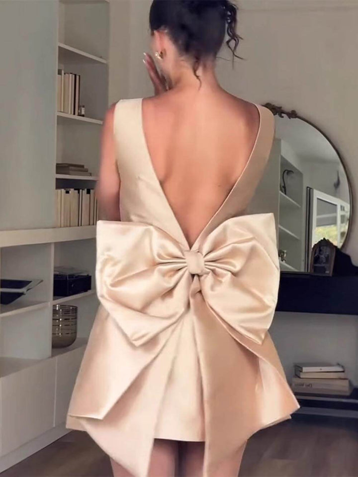 Modern Satin Backless Bow-Decorated High Waist Mini Dress