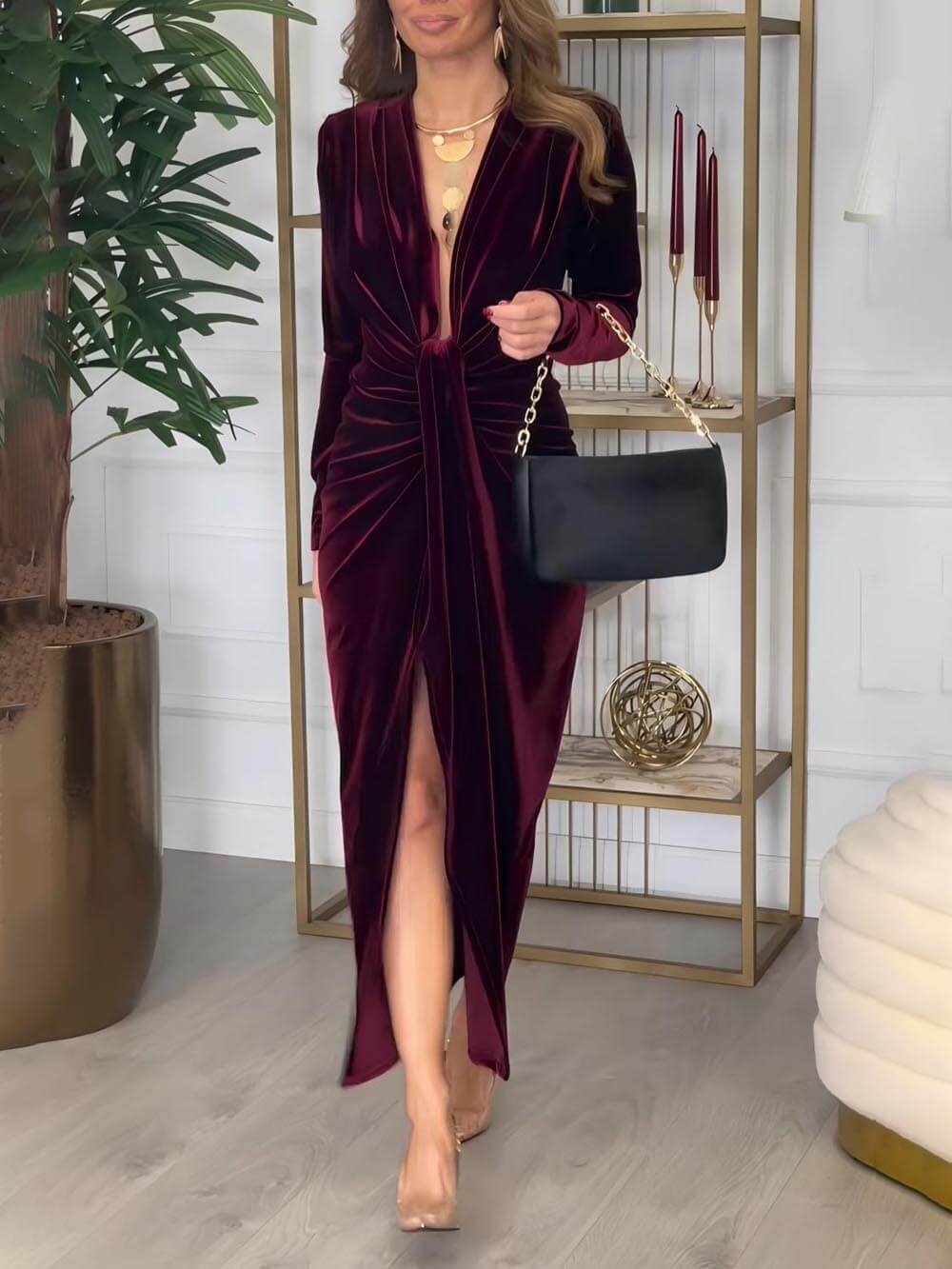 Classic Elegant Pleated Deep V Slit Party Maxi Dress