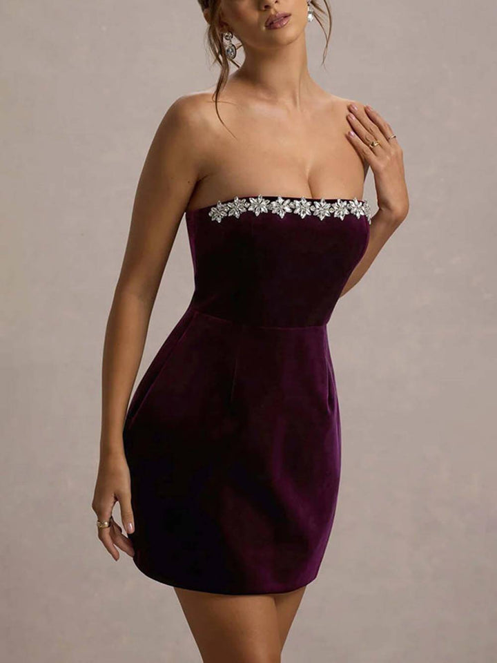 Elegant Velvet Jewel Embellished Trim Bandeau Mini Dress