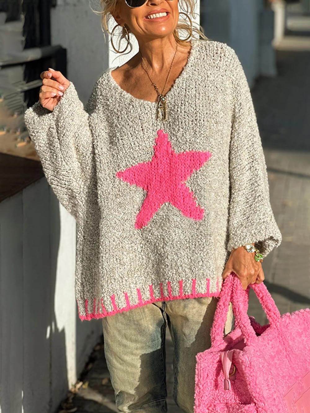 Winter Day Warm Texture Star Pattern Contrast Color Loose Sweater