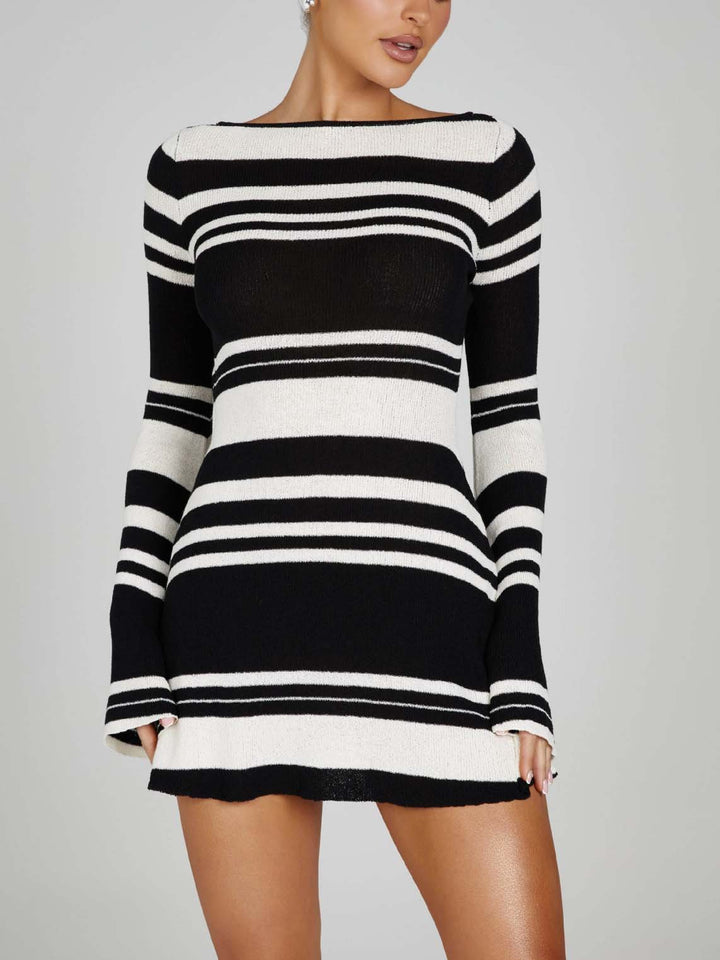 Elegant Open Back Striped Knitted Mini Dress