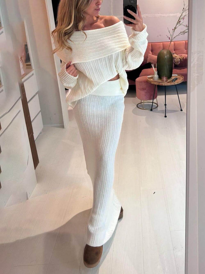 Casual Ribbed Knit Off Shoulder Long Sleeve Sweater and Stretch Maxi Skirt Set