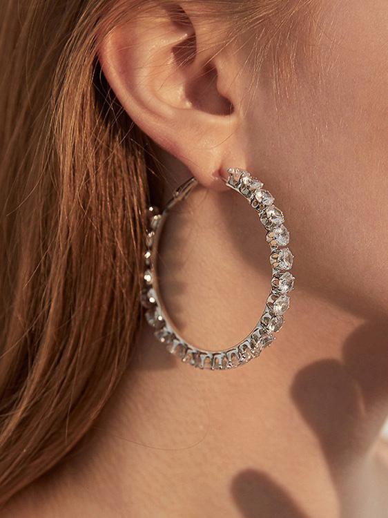 Exaggerated Diamond Silver Needle Large Circle Earrings