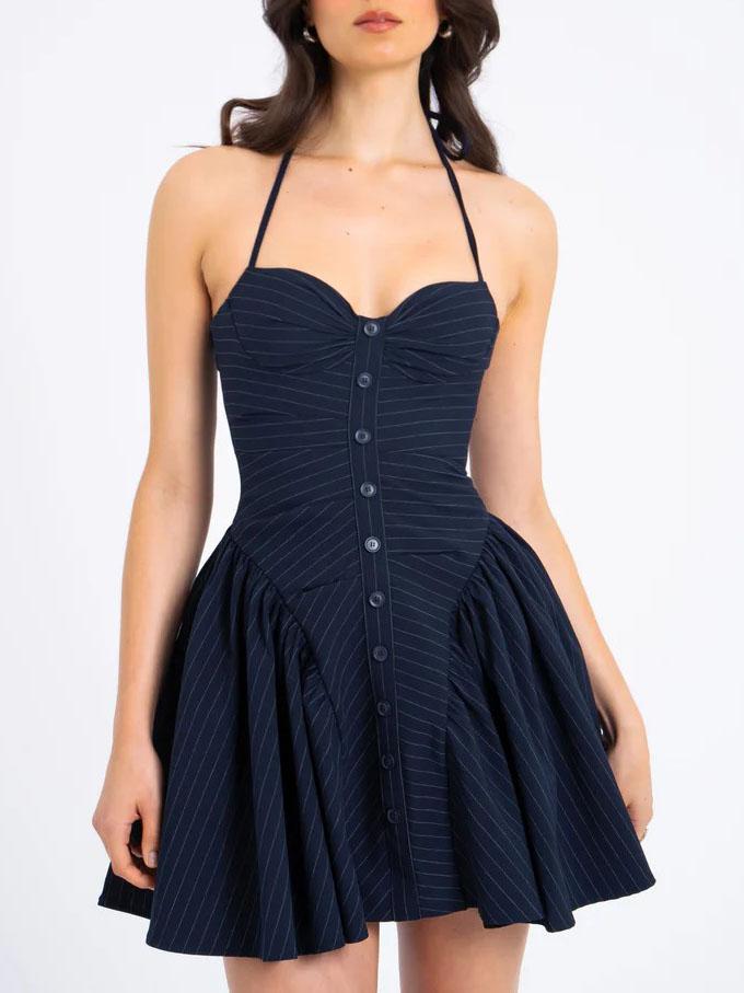 Fashion Pinstripe Halter Neck Low Waist Mini Dress