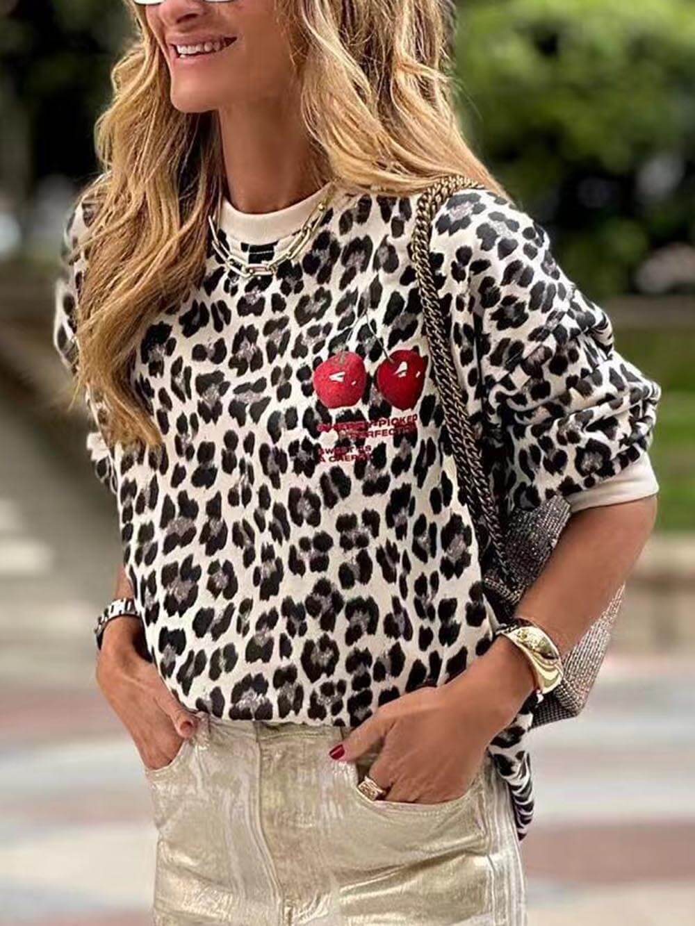 Unique Modern Feel Leopard and Cherry Print Casual Sweatshirt