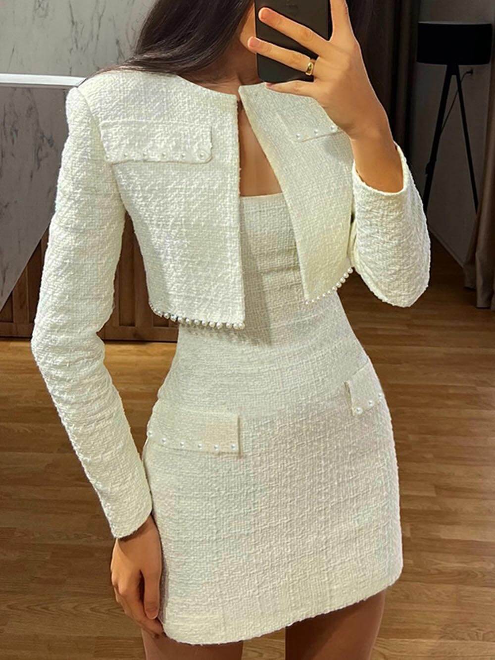 Elegantní stylové tvídové sexy Slim Fit Pearl zdobené minišaty