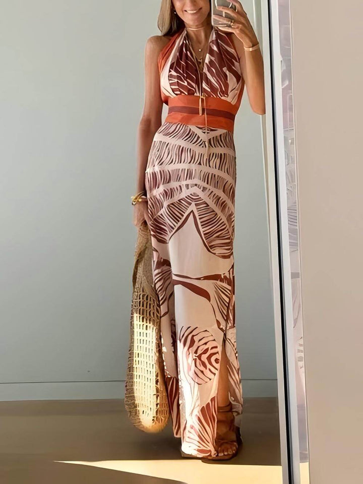 Elegant Palm Leaf Print Halter Neck Slit Midi Dress