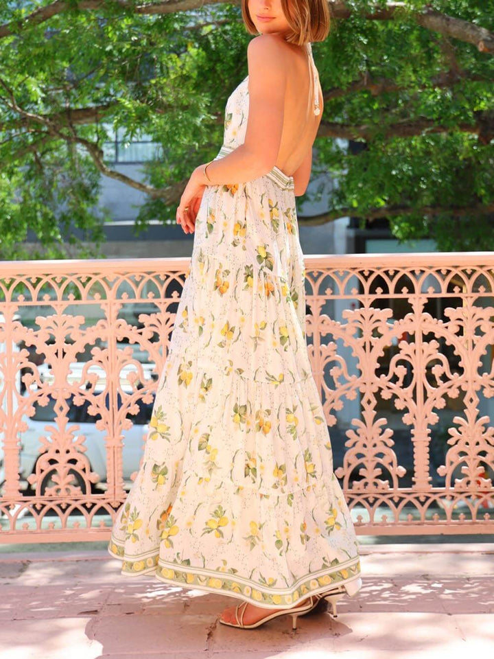 Unique Backless Deep V-Neck Lemon Print Maxi Dress