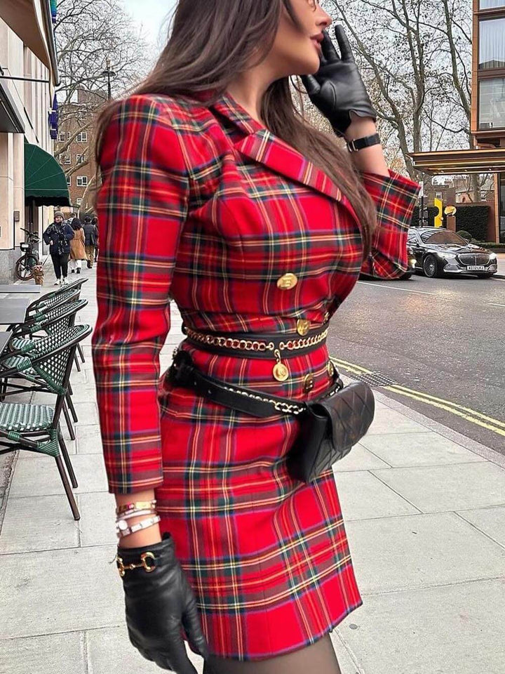 Elegant Christmas Plaid Print Contrasting Metal Button Lapel Blazer Mini Dress